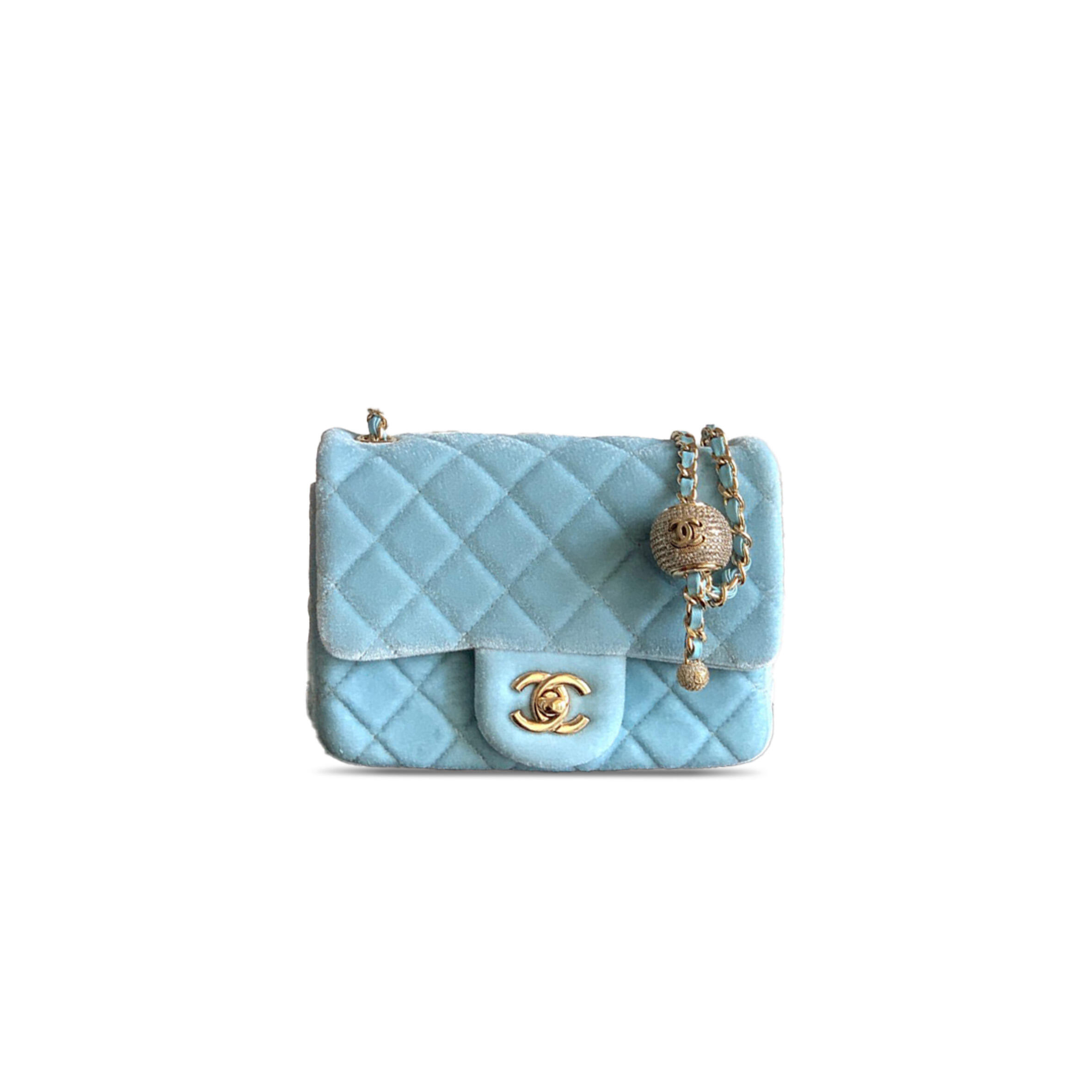 CHANEL MINI FLAP BAG VELVET, DIAMANT & GOLD-TONE METAL BLUE AS1786 (18*13*7cm)